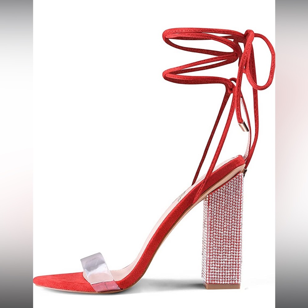 Sexy strappy red rhinestone chunky heels